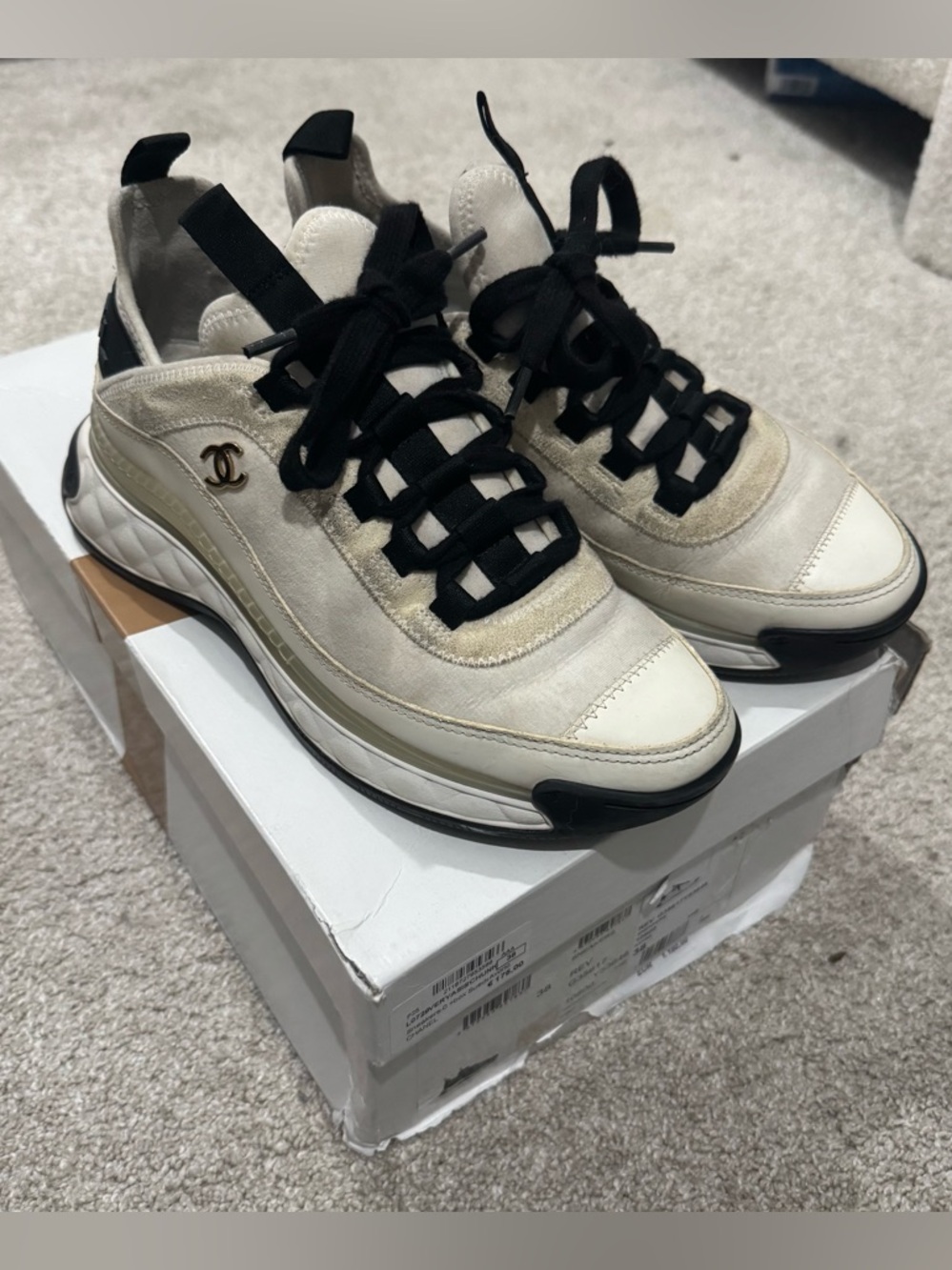 CHANEL Cream & Black CC Logo Athletic Sneakers